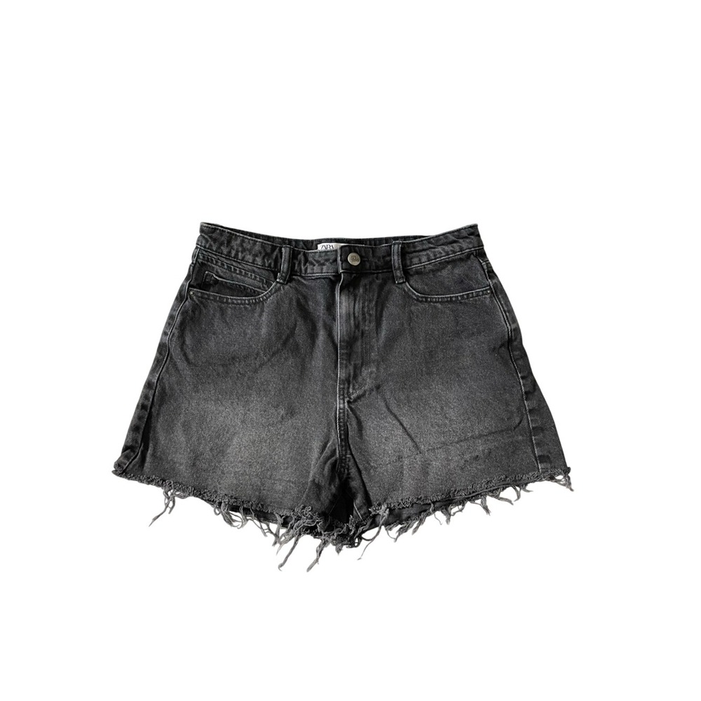 ZARA Denim Shorts 8 Black High Rise Cutoff Frayed Hem 100% Cotton Indie Sleaze